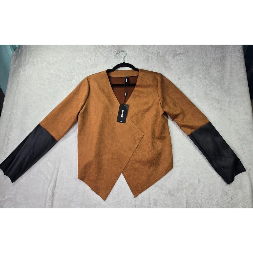 Venti6 Open Drape Jacket Women's Medium Faux Suede Leather Italy Brown Black